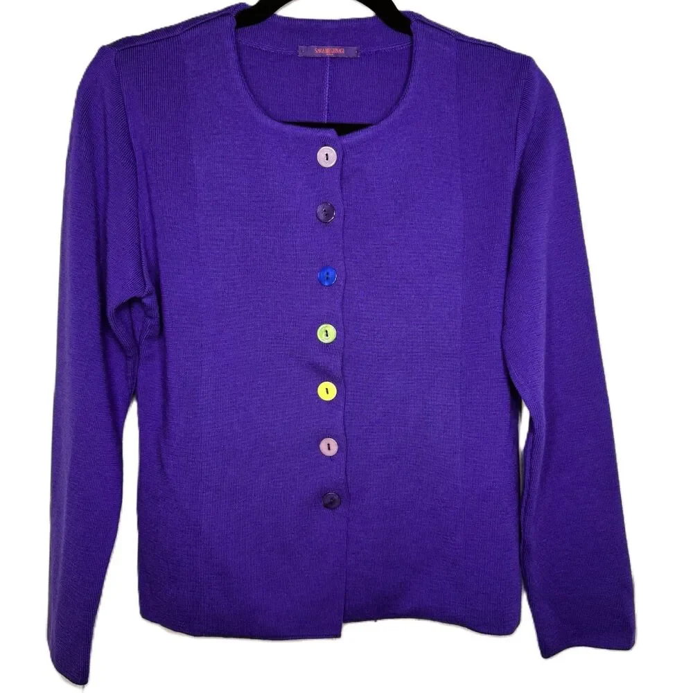 Italian‎ Merino Wool Cardigan Sweater Womens Large Purple Buttons Sara Meghnagi